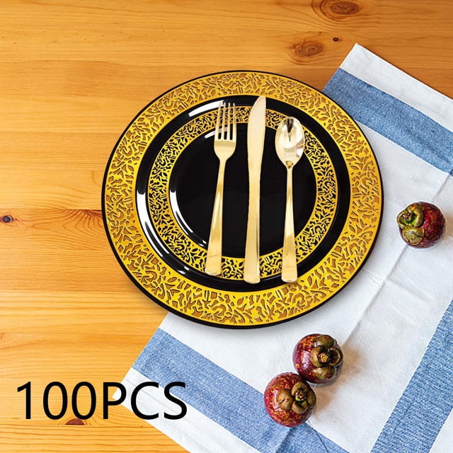 Platos desechables,Platos desechables de alta resistencia de 7, pulgadas,Platos de PP duros Postre Aperitivo Fiesta,Platos resistentes con borde dorado para picnics y viajes,Platos negro