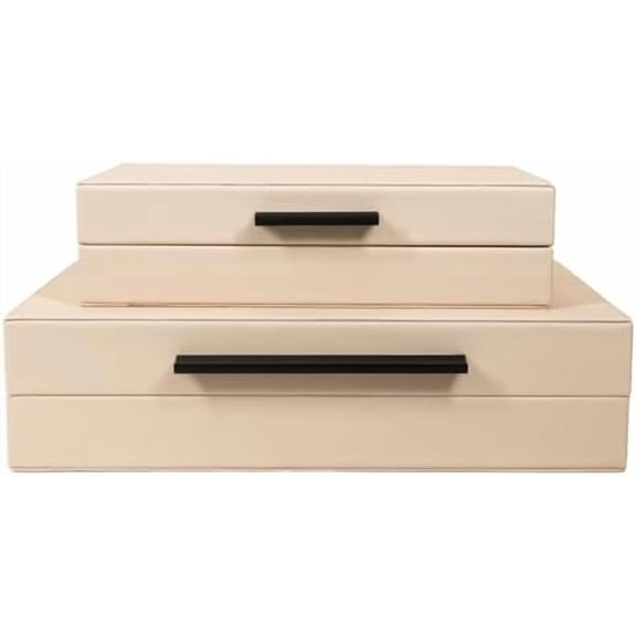 Set of 2 Light Pink Shagreen Decorative Boxes with Black Metal Handles, Faux Leather Nesting Decor Storage Boxes with Lid, Modern Keepsake Box, Stacking Jewelry Memory and Photo Box for Home Decor