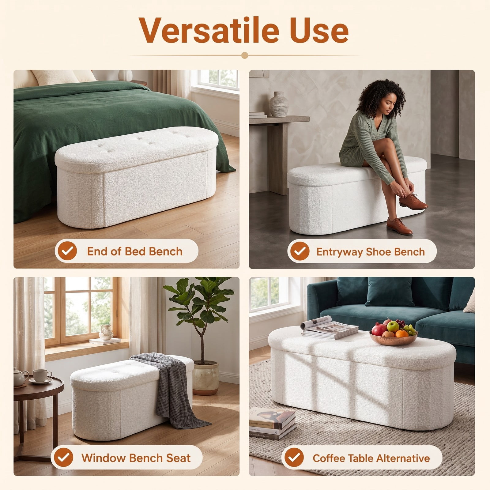 Furnibear 43 Inch Folding Teddy Fleece Storage Ottoman Bench with 2 Dividers and Tufted Padded Seat for Living Room and Bedroom, White
