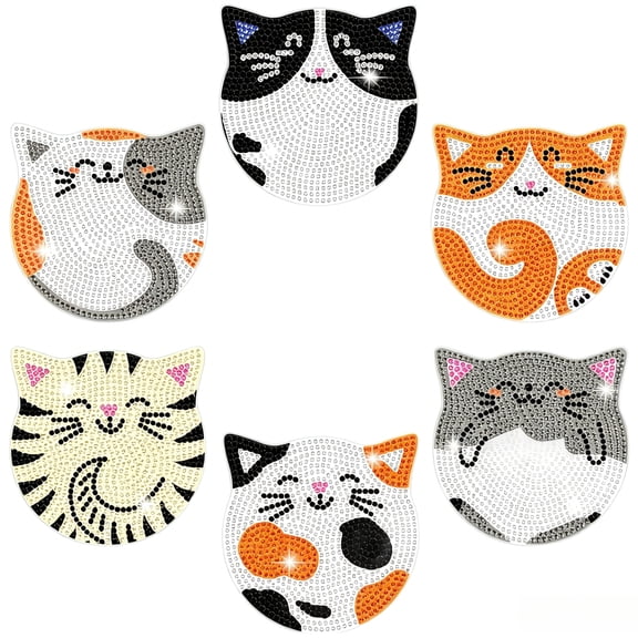 Gardjoe 6-Pack Cat Themed Diamond Painting Coaster Set with 6 Unique Designs for DIY Craft Decor, Sparkling Drink Coasters for Home, Creative Gift