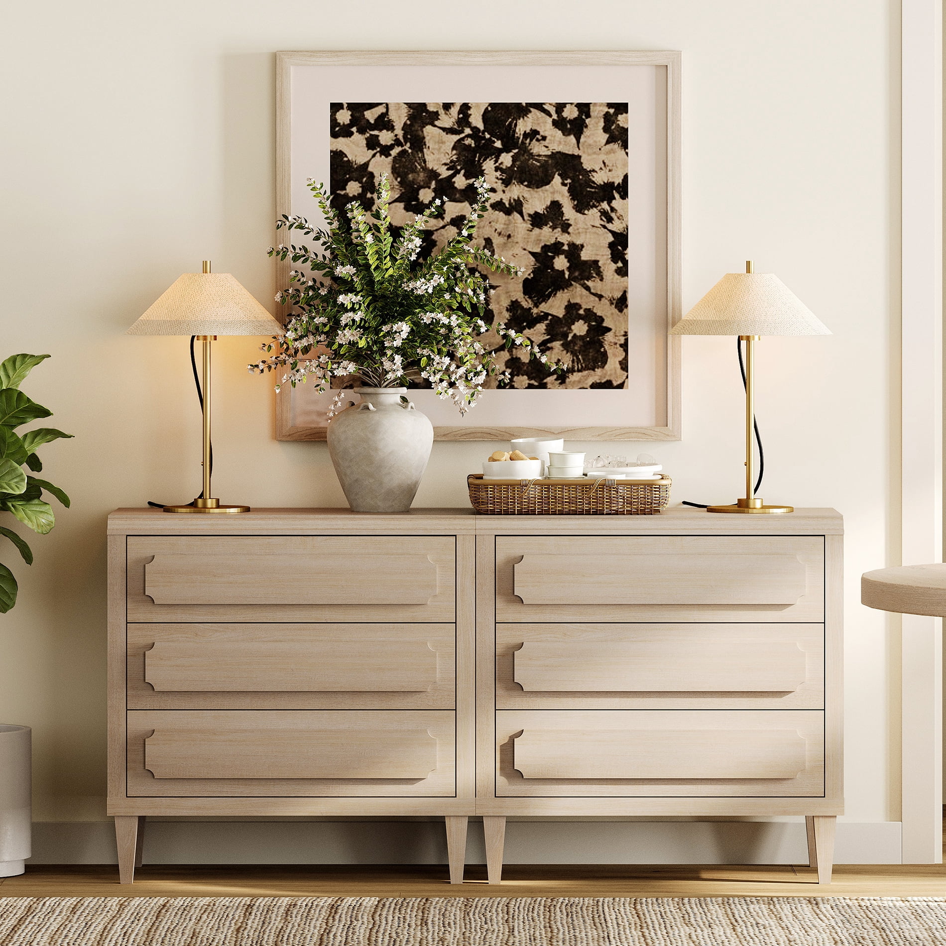 6-Drawer Modern Oak Dresser, Tall Wooden Dresser Storage Cabinet for Bedroom, Nursey, Hallway