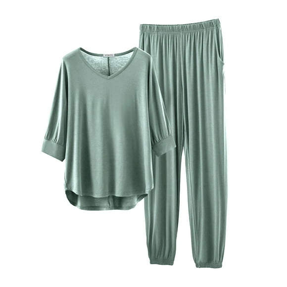 ZJXFGS Ensemble de Pyjama à Manches 3/4 Col Rond pour Femmes Ensemble de Détente Léger Pyjamas d'Hiver pour Femmes Ensembles de Pyjamas à Manches Longues Vêtements de Nuit Doux 2 Pcs Pyjamas Confortables pour Femmes B 2TG