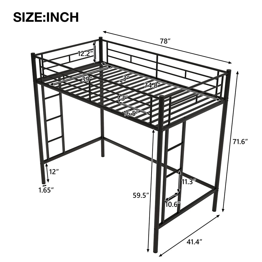Kadyn Twin Loft Bed, Metal Bed with Rails & Ladders on Both Sides, Black