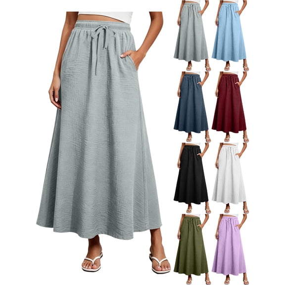 Summer Womens Skirt Plus Size 100%Cotton with Pockets Elastic Waist Loose Ruffle Ankle Length Skirt