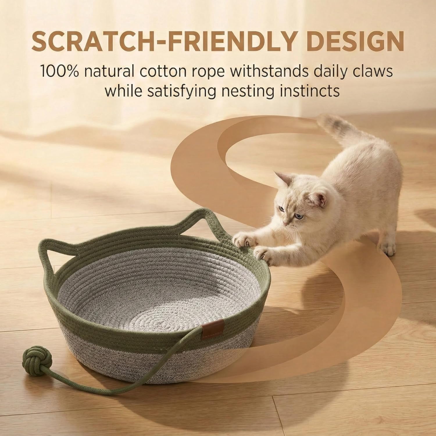 Handwoven cat Basket, cat Toy Basket with a Playing Rope Ball, Foldable Scratchable Hammock with Cat Ear Design - Breathable & Easy to Clean