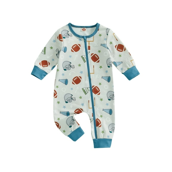 Michellecmm Baby Boy Girl Football Romper Printed Long Sleeve Zipper Jumpsuit