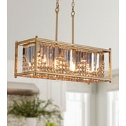 Q&S 4 Lights Gold Modern Chandelier,Antique Brass Rectangle Crystal Chandeliers for Dining Room,Industrial Hanging Pendant Light Fixture for Kitchen Island Living Room Bar Office UL Listed