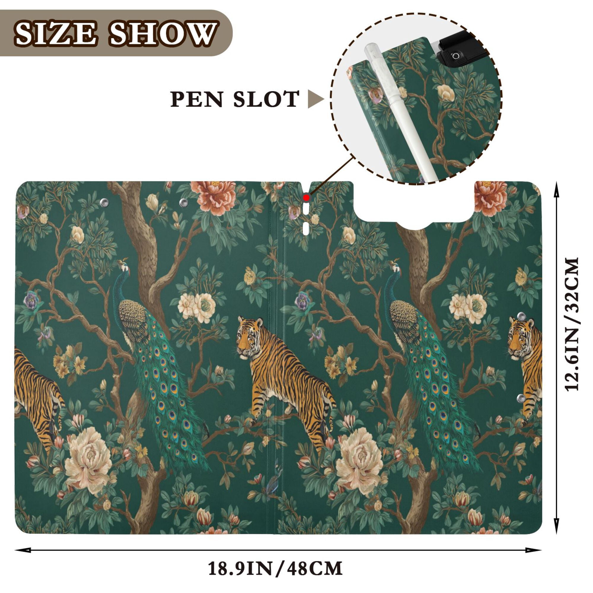 FORMRS A4 Clipboard Folder with Pen Holder Horizontal Foldable School Office Binder, Tiger and Peacock Pattern