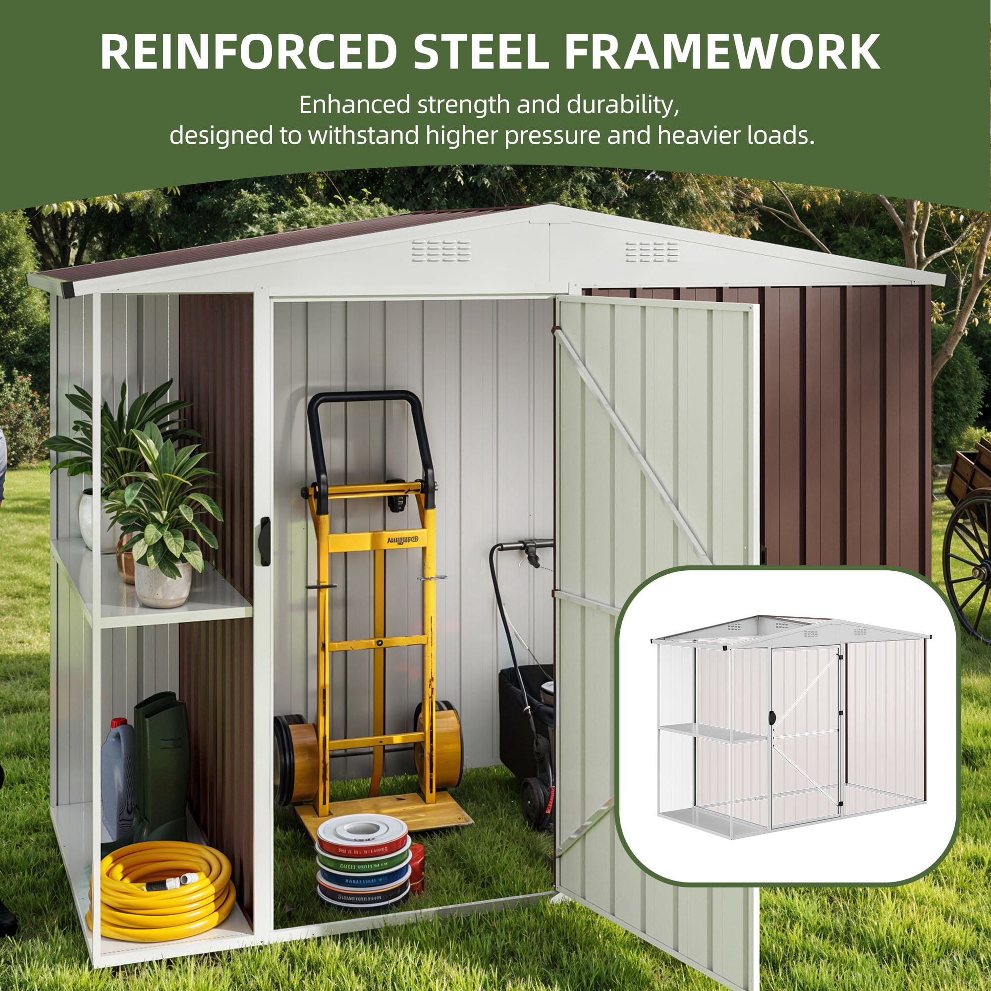 Uforic 8x4 FT Outdoor Metal Storage Shed with Shelves, Lockable Tool Cabinet for Garden (Brown)