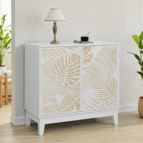 31' Vintage Carved Buffet Cabinet Sideboard for Living Room, Kitchen, Dining Room, 2-Door,White