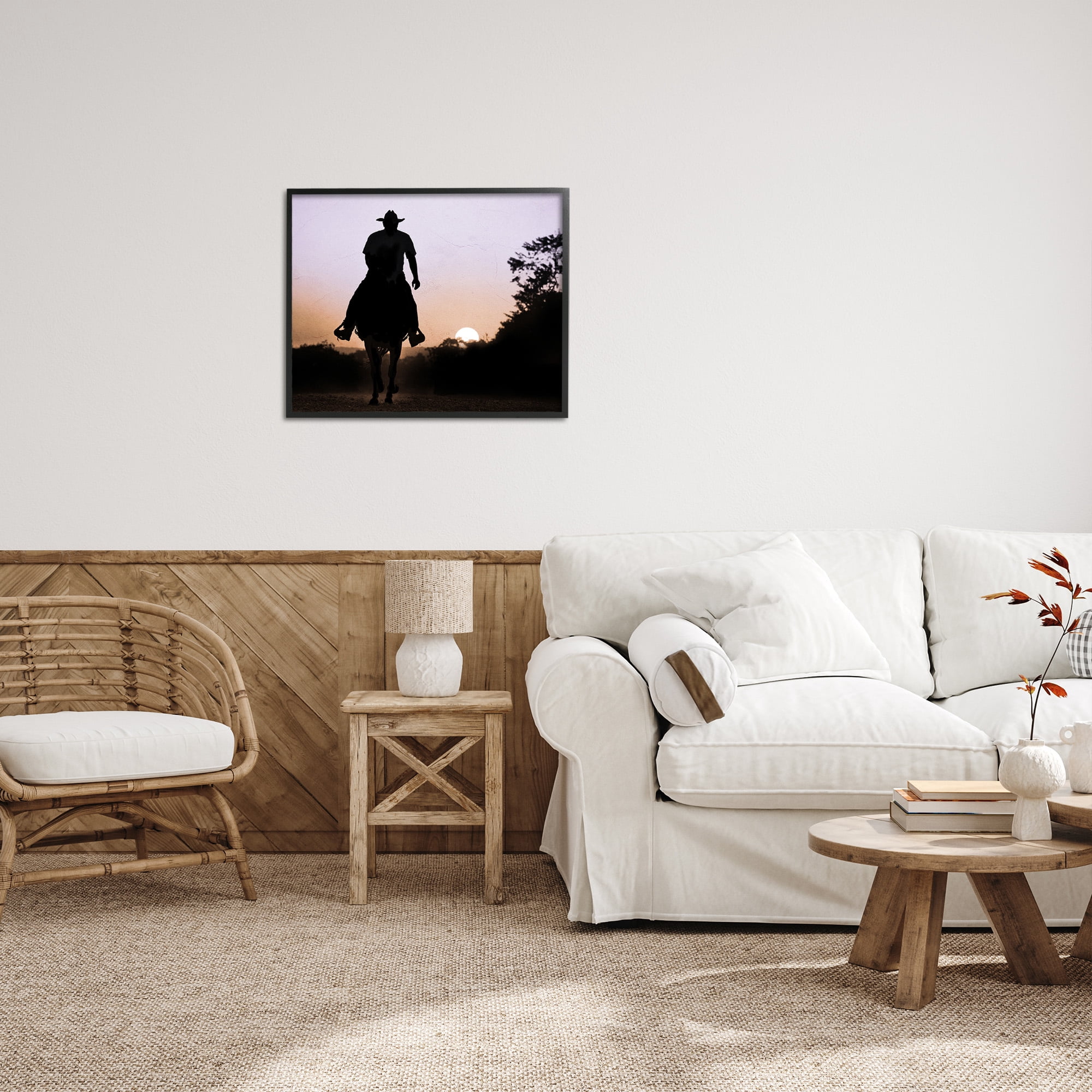 Stupell Industries Cowboy & Setting Sun Landscape Photography Black Framed Art Print Wall Art, 30 x 24