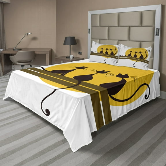 Ambesonne Kitten Fitted & Top Sheet Set with Shams, Cartoon Cat Silhouettes Sun, Brown Chocolate and Brown