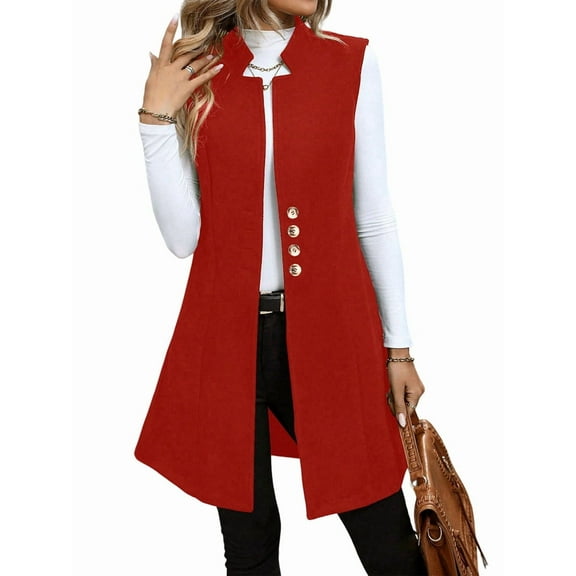 Women'S Elegant Plus Size Sleeveless Front V-Neck Long Coat Red M