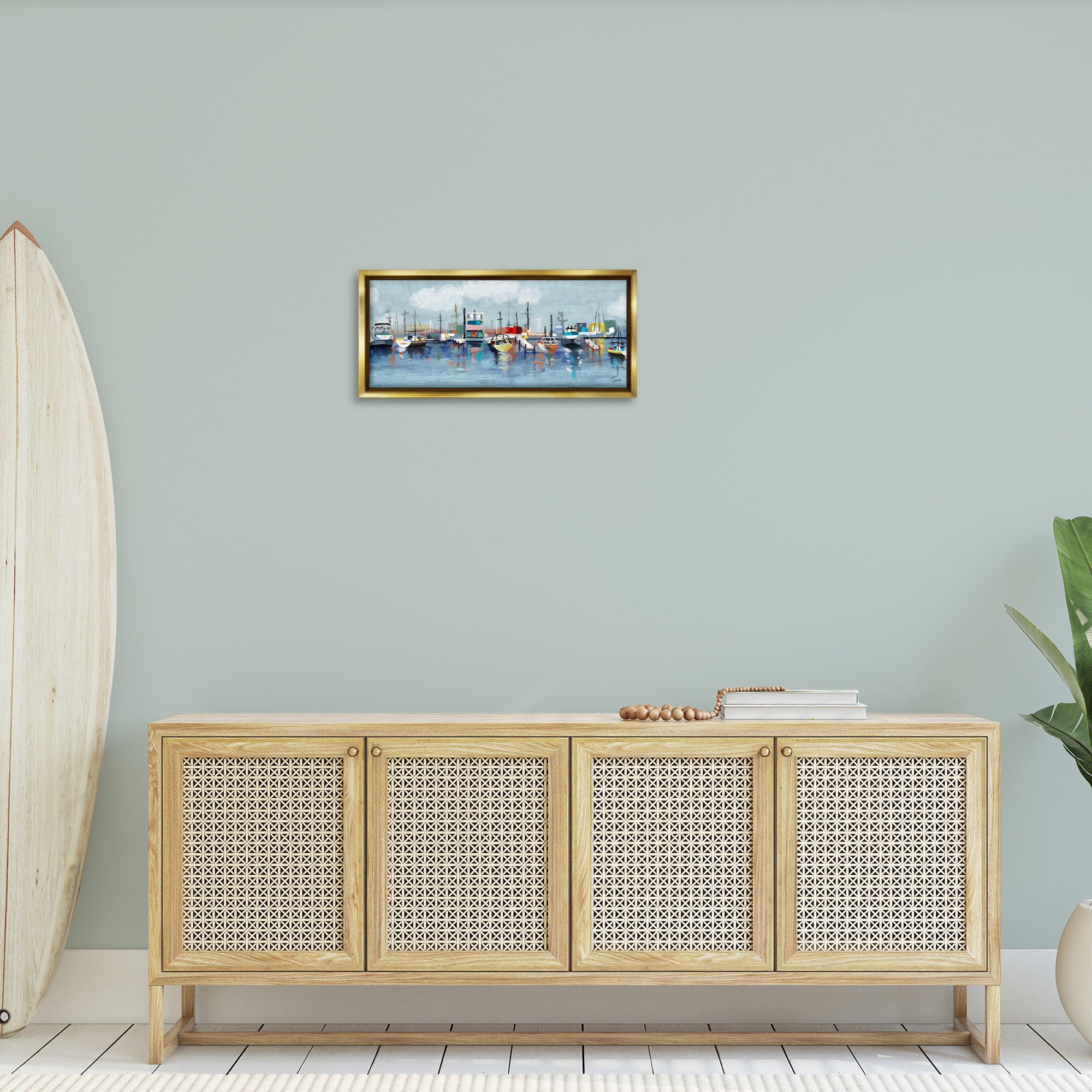 Stupell Industries Varied Boats Docked Port Marina Nature Painting Gold Floater Framed Canvas Art Print Wall Art, 25 x 11