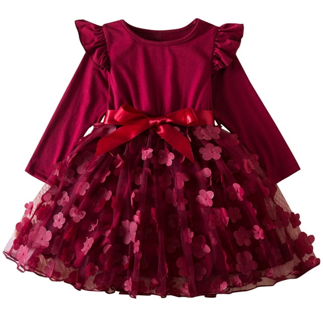 Robes pour Filles Automne et Printemps Nouvelle Robe à Manches Longues en Dentelle à Volants Col Rond Broderie en Tulle Jupe Princesse avec Nœud Nouvelle Robe à Manches Longues Col Rond Rouge 120