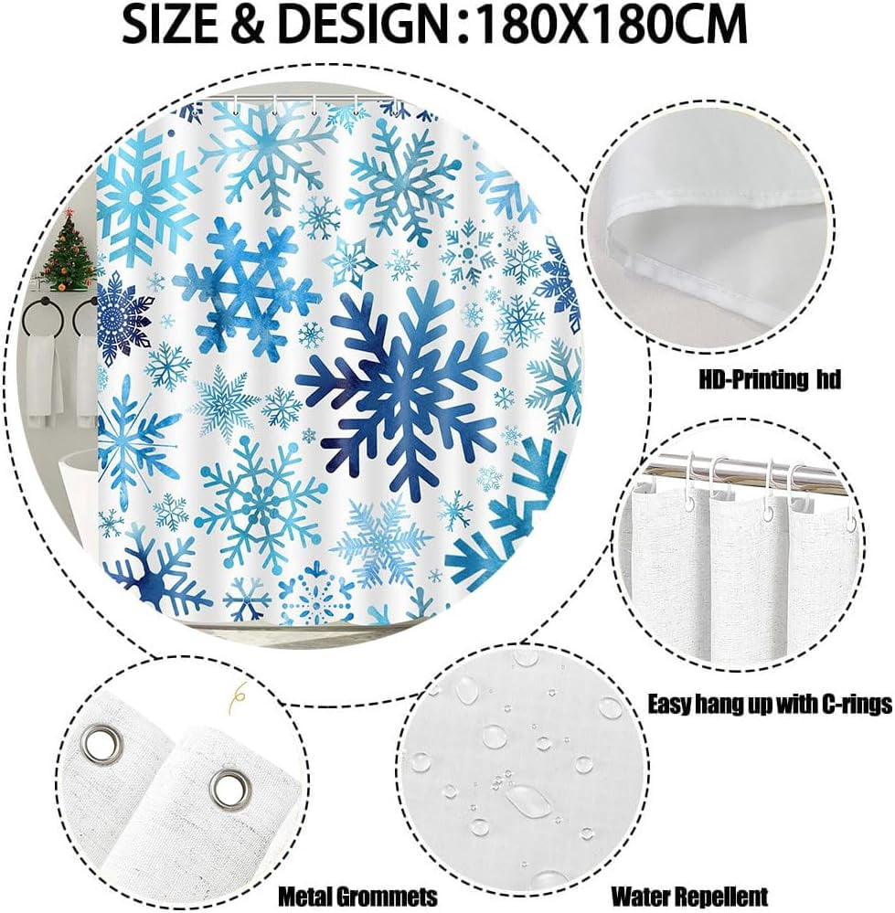 Christmas Shower Curtain Blue Snowflake Holiday Shower Curtain for Bathroom Decor, Fun Cute Festive Winter Bathroom Accessories 70X70IN Blue