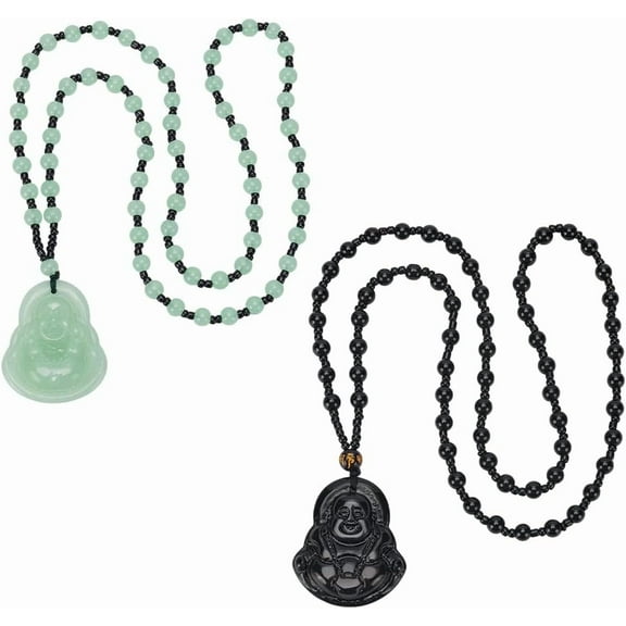 1set 2Pcs Laughing Pendant Necklace Beads Chain Necklace Imitation Jade Beaded Rope Chain Gemstone Lucky Amulet Jewelry Gift for Women Men Resin