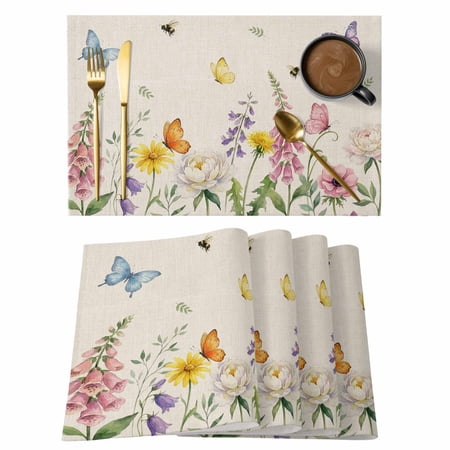 Blossom Flower Butterfly Bee Placemats Set of 6 Wipeable Washable Table Mats for Dining Tables Rustic Pastoral Retro Linen Style Place Mats for Kitchen Event Party Tabletop Decor