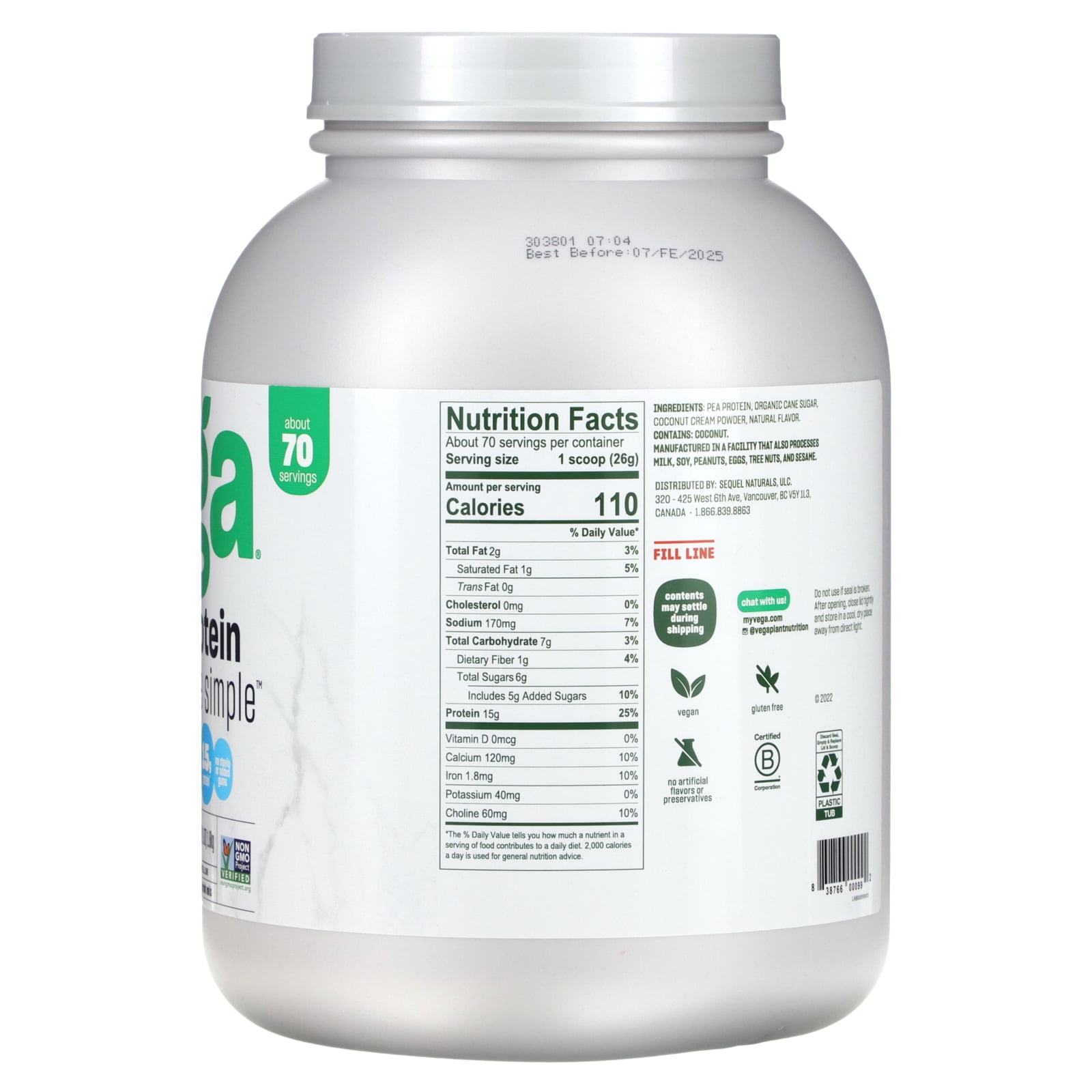 Vega Protein Made Simple Plant Based Protein Powder, Vanilla, 70 Servings (64.1oz)