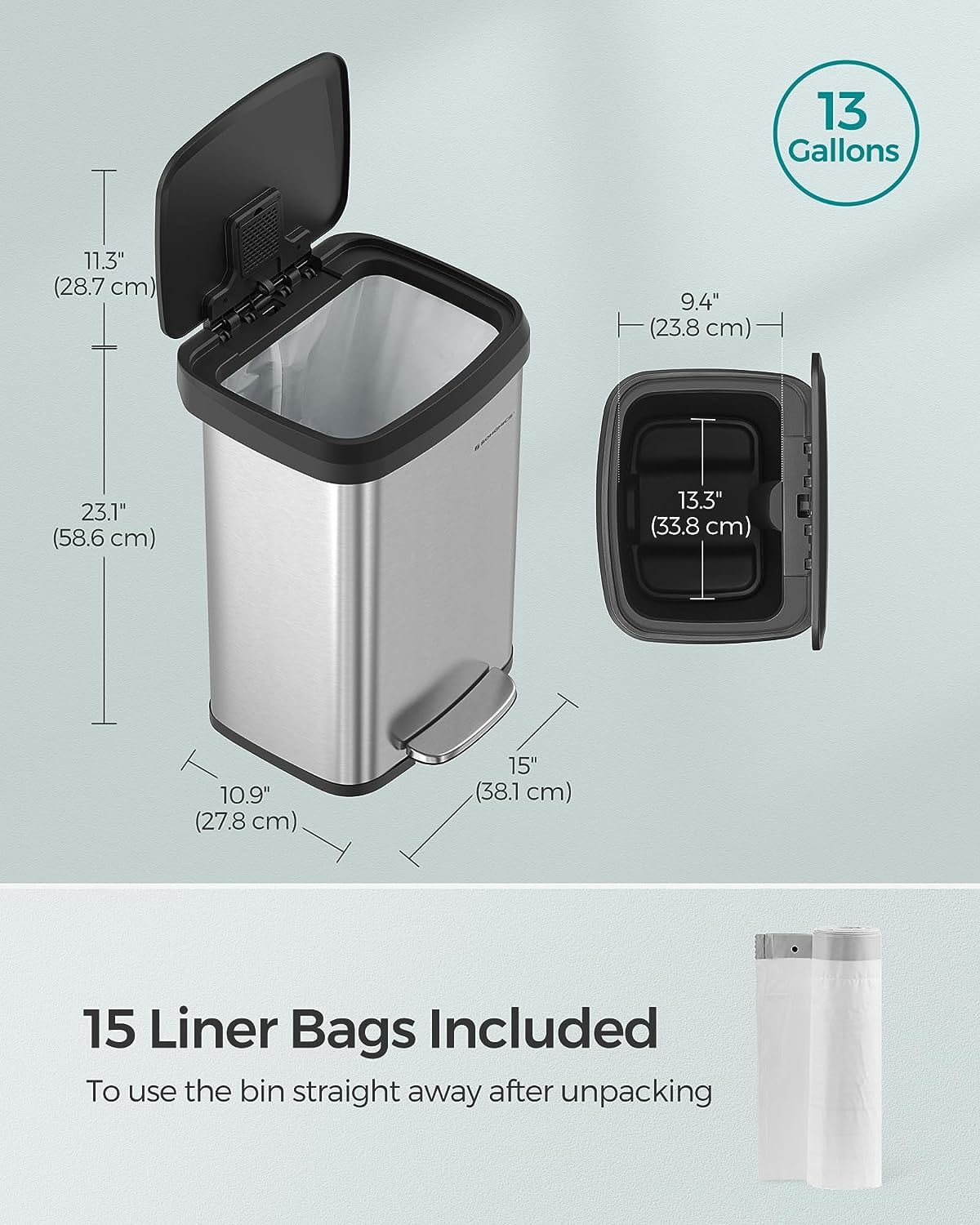 13 Gallon Kitchen Trash Can Stainless Steel Garbage Can Recycle Bin with Stay-Open Lid and Step-on Pedal Silver and Black