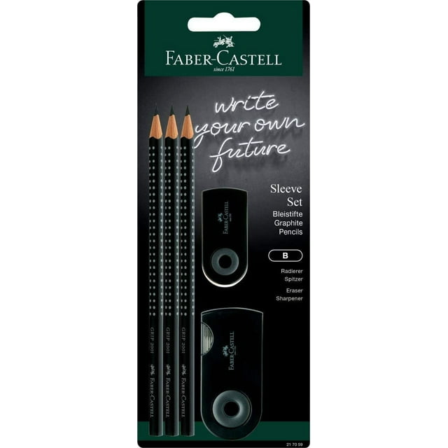 Faber-Castell Grip 2001 Sleeve Set with Pencils, Eraser and Sharpener - B Grade - Black Edition