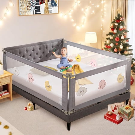DEYGIA Bed Rail for Toddlers 3 Pcs, Extra Long Baby Bed Rail Guard for Kids, All-Round Sturdy Baby Bed Fence, 79"L 77"W 26" Bed Guardrail, Fit King Mattress, Pattern Gray