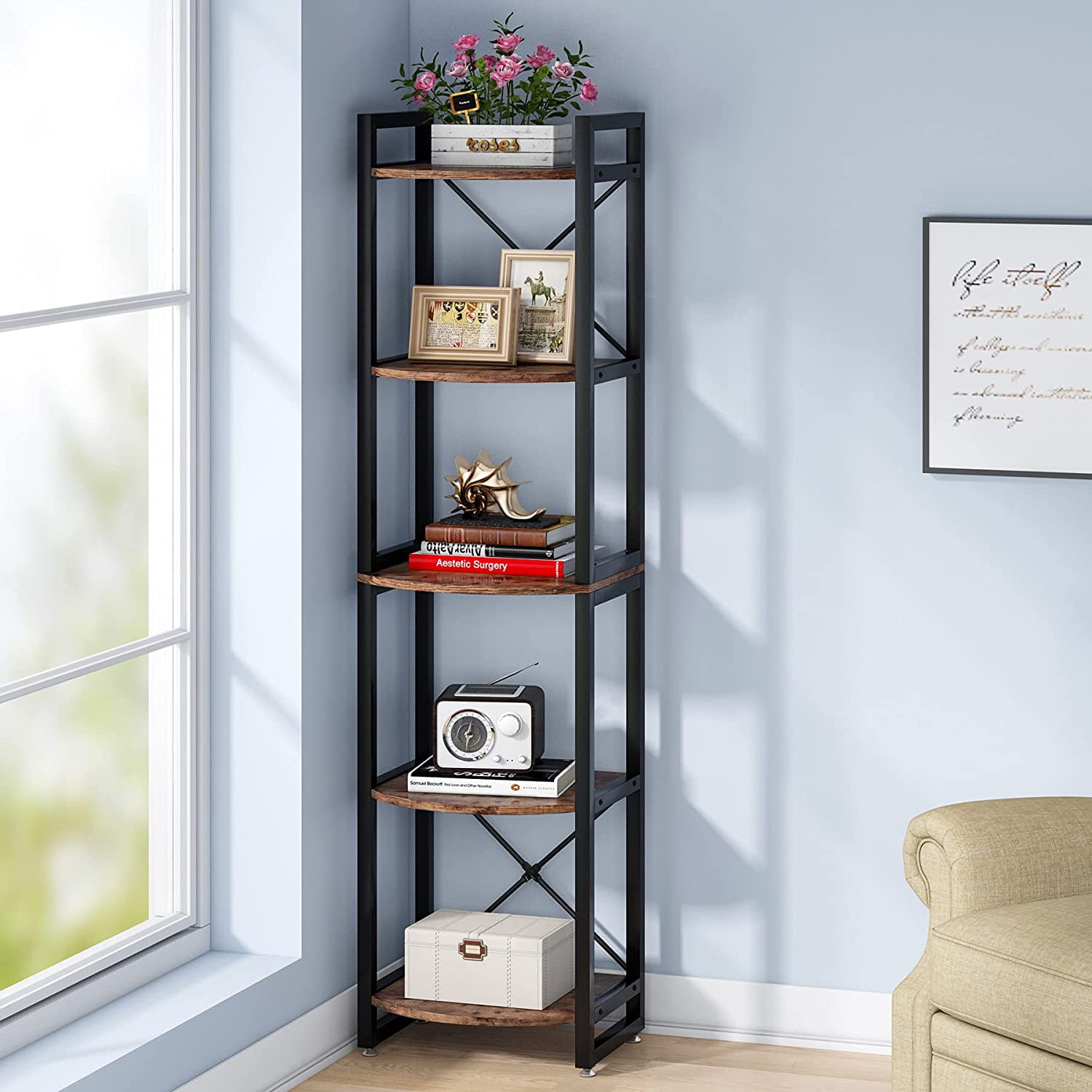 Details about   5 Tier Home Corner Shelf 26"Lx70"H Industrial Small Bookcase Rustic Flower Rack 