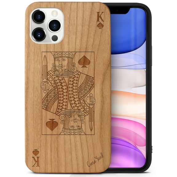 Case Yard Wooden Case Outside Soft TPU Silicone Slim Fit Shockproof Wood Protective Phone Cover for Girls Boys Men and Women Supports Wireless Charging King of Spade Design case for iPhone-12-Pro-Max