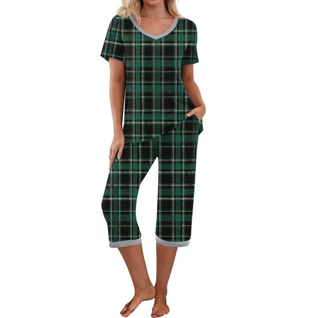 Puntoco Pijamas para mujer Conjunto de pijama y pantalón de manga corta con cuello en V para mujer Pijamas casuales con bolsillos