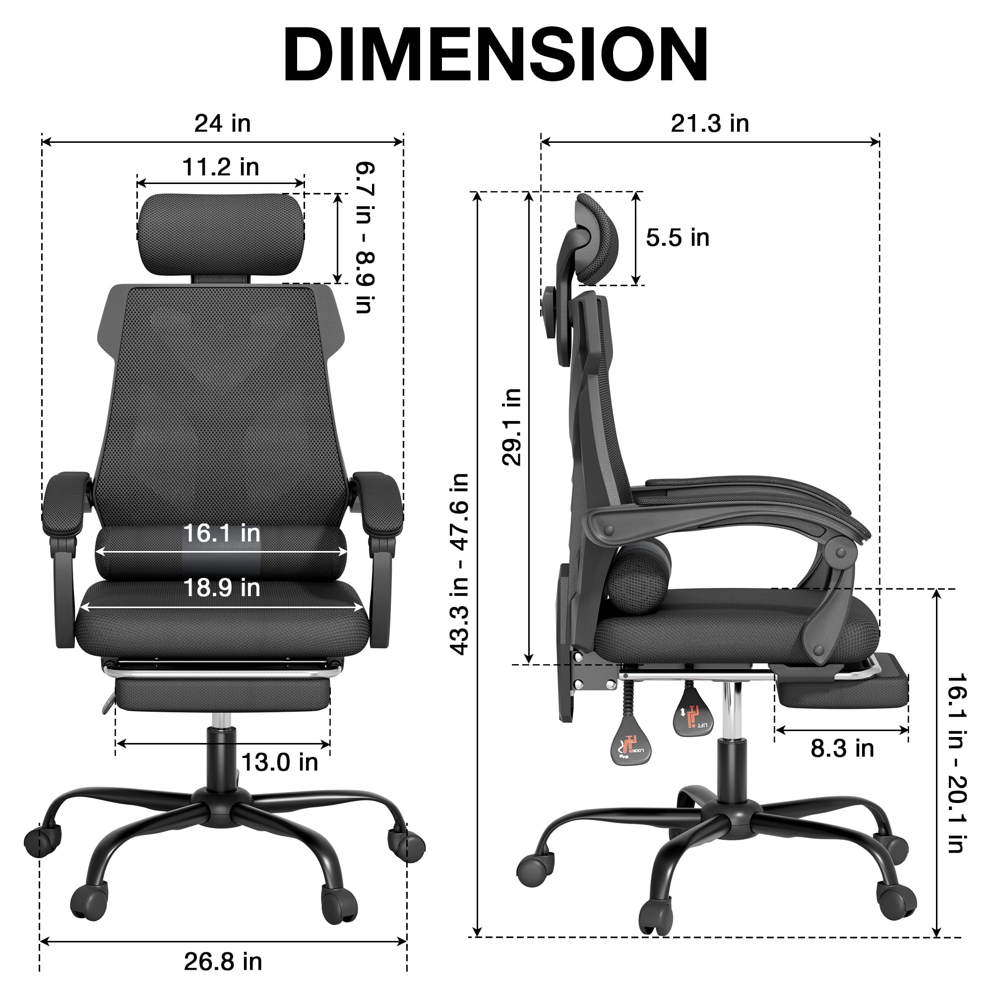 Mr IRONSTONE Ergonomic Office Chair with Footrest, High Back Breathable Mesh Computer Chair with 2D Headrest Lumbar Support, 135 Degree Reclining Desk Chair for Home Office, Black