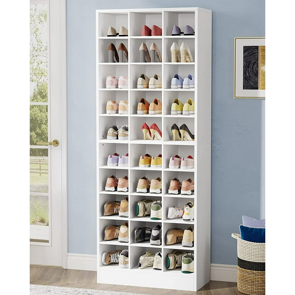 Tribesigns 10-Tier Shoe Storage Cabinet, White Wooden Shoe Rack with 30 Cubbies, Freestanding Tall Entryway Shoe Organizer for Closet, Entryway, Living Room