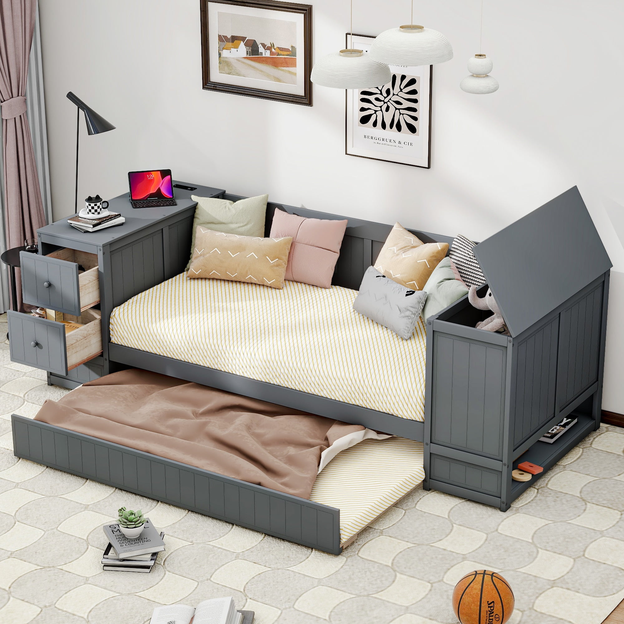 Euroco Wood Twin Size Daybed with Trundle, Storage Cabinets with Shelves and Drawers, Charging Station Sofa Bed, Gray