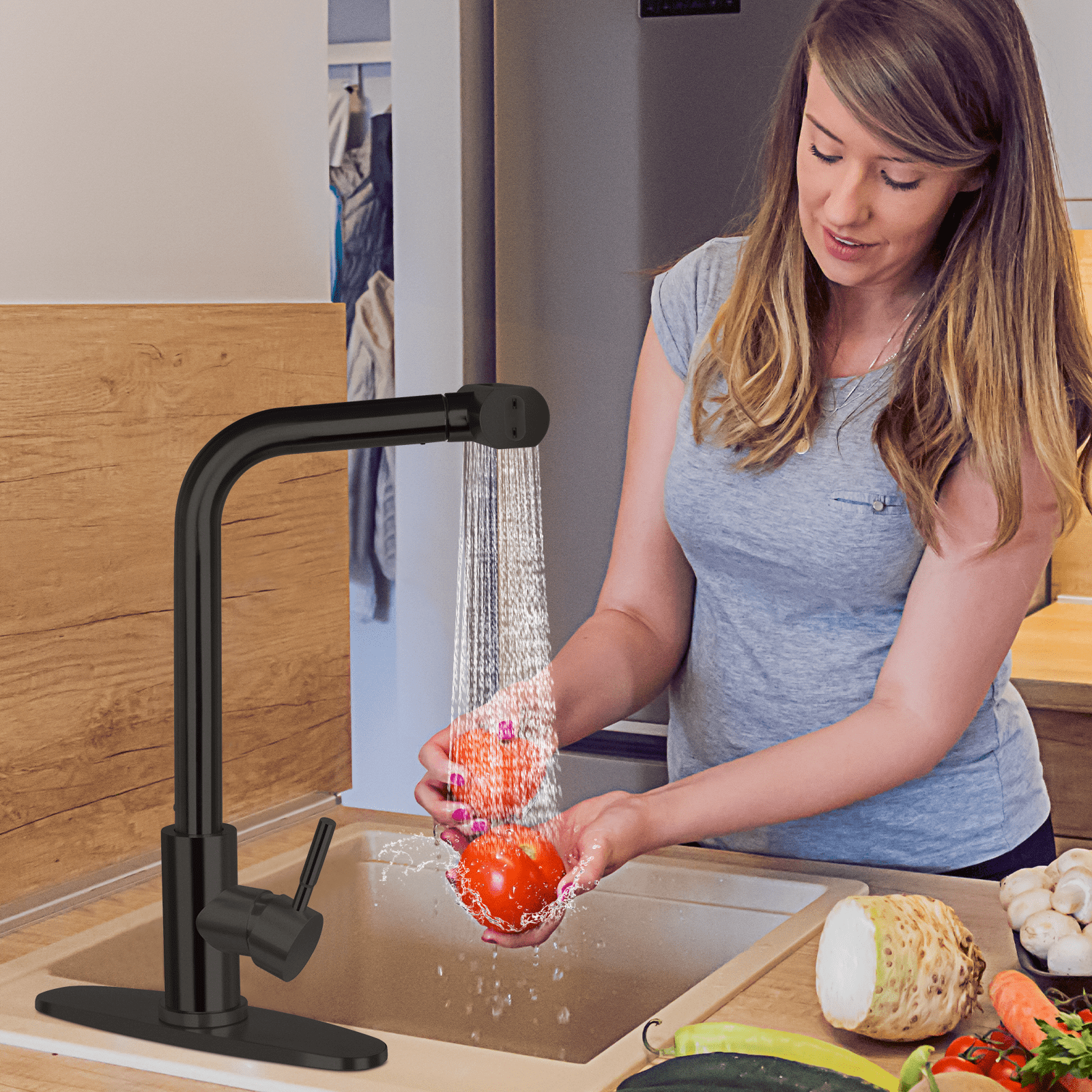PHANCIR Kitchen Faucet with 4 Modes 15.7" Pull Down Sprayer, 360° Swivel Stainless Steel with No-Leak Ceramic Valve, Easy Install for Farmhouse Camper Laundry RV Bar, Black