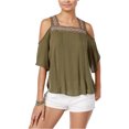 thumbnail image 1 of Crave Fame Womens Embroidered Cold-Shoulder Pullover Blouse, Green, Juniors, Small, 1 of 1