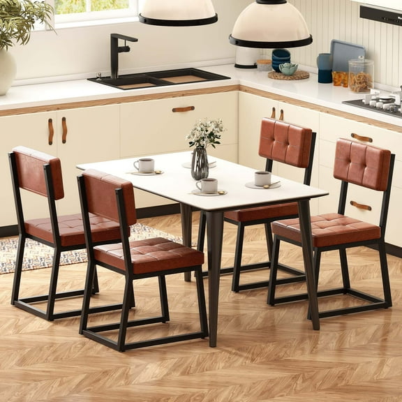 ModFusion Set of 4 Modern Tufted Dining Chairs with Waterproof, Thick Back Cushions, 1.3 ft Brown Upholstered Faux Leather, Anti-Slip Adjustable Feet, Black Steel Legs