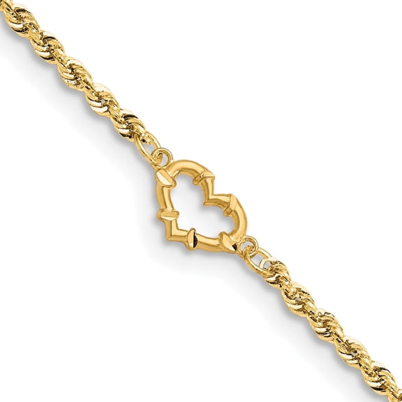 14K Yellow Gold Diamond-Cut Open Heart Rope 9Inch Anklet (9 X 10) Made In Peru ank154-9