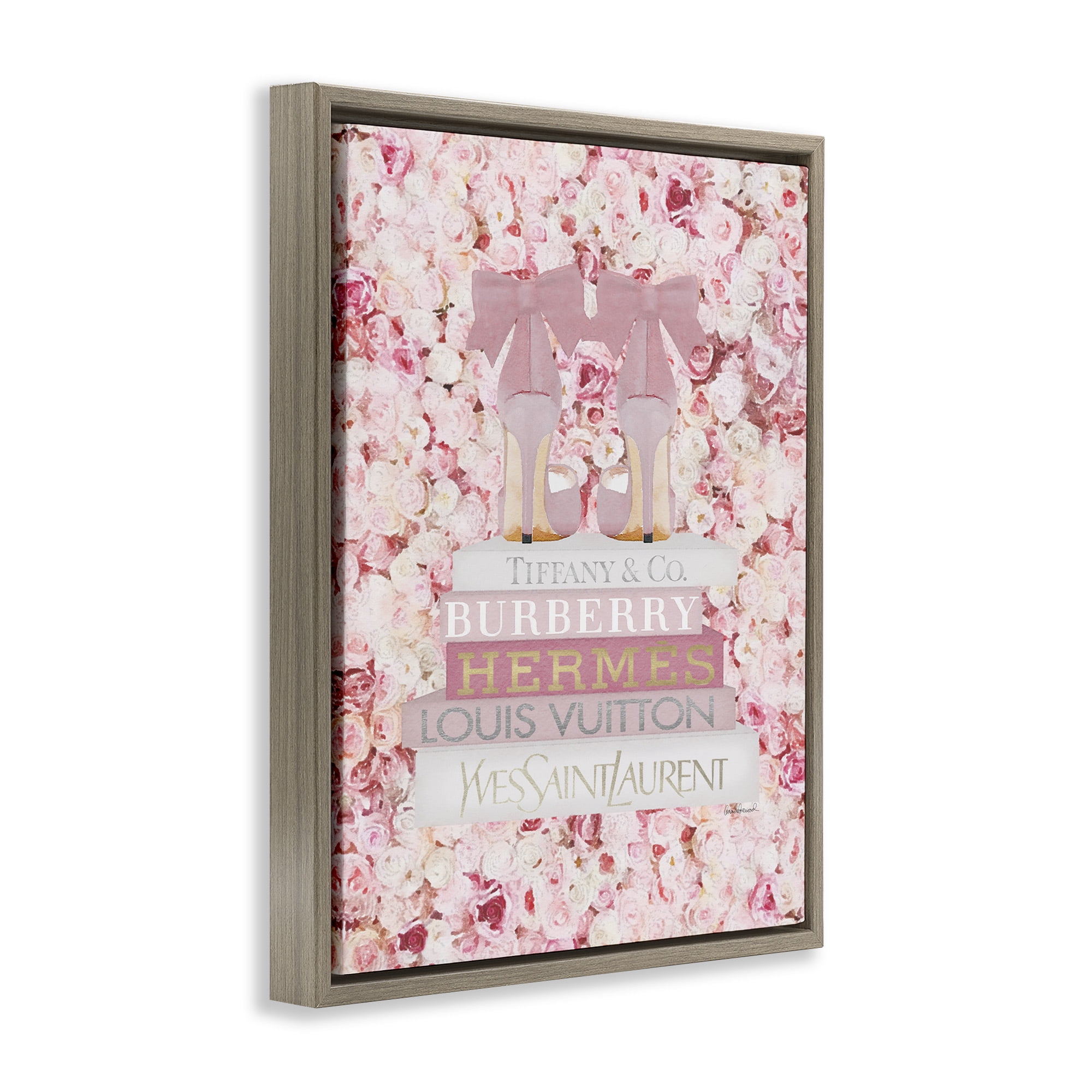 Stupell Industries Pink Floral Fashion Stack Beauty & Fashion Painting Brown Floater Framed Canvas Art Print Wall Art, 25 x 31