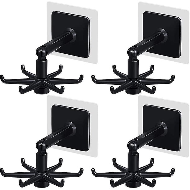 Ganchos adhesivos plegables con rotación de 360 grados, 6 garras, color negro (paquete de 2)