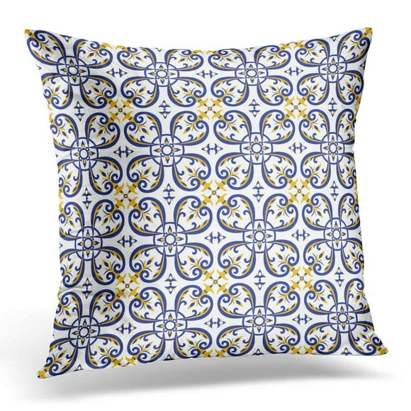 EREHome Mexican Tiles with Blue Yellow and White Ornaments Portuguese Azulejos Talavera Italian Majolica Spanish Pillow Case Pillow Cover 20x20 inch