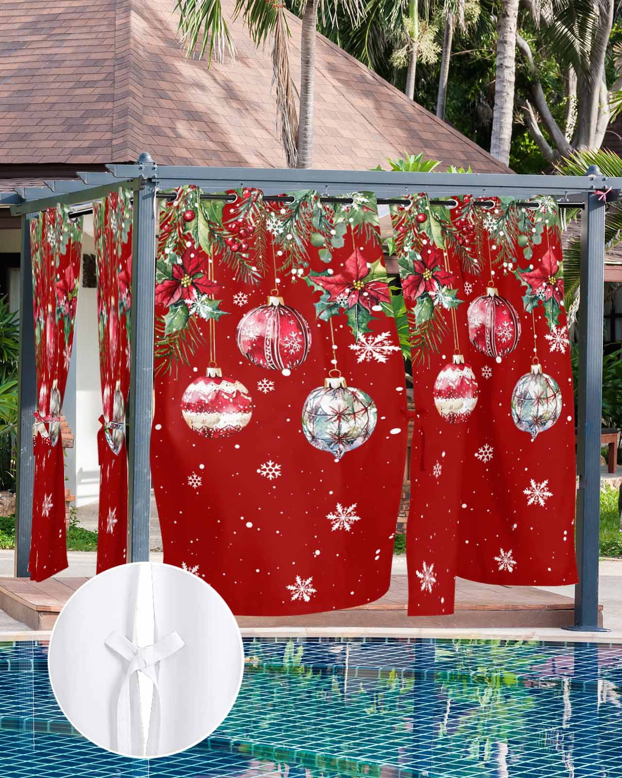 Outdoor Curtains for Patio, Red Christmas Balls Waterproof Blackout Outside Curtain for Porch/Pergola/Gazebo, Xmas Snowflake Botanical Thermal Insulated Drapes for Cabana, 1 Panel, 54 x 95 Inch