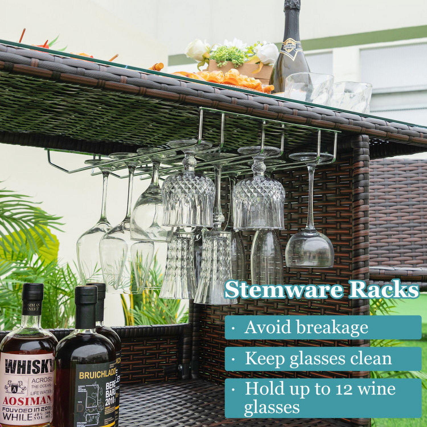 Aimee Lii 3 Pieces Outdoor Wicker Bar Set with 3 Rows Stemware Racks, Outdoor Patio Furniture