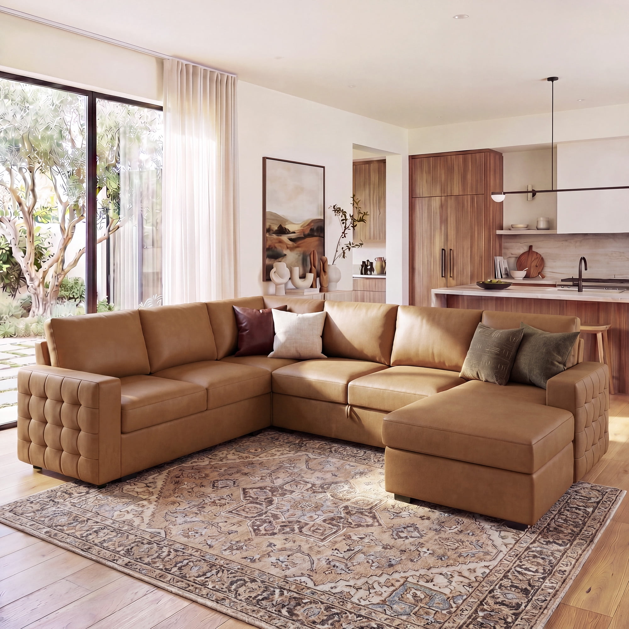Marrber U Shaped Sectional Sleeper Sofa with Convertible Pull-Out Sofa Bed and Storage Chaise for Living Room, Faux Leather Brown