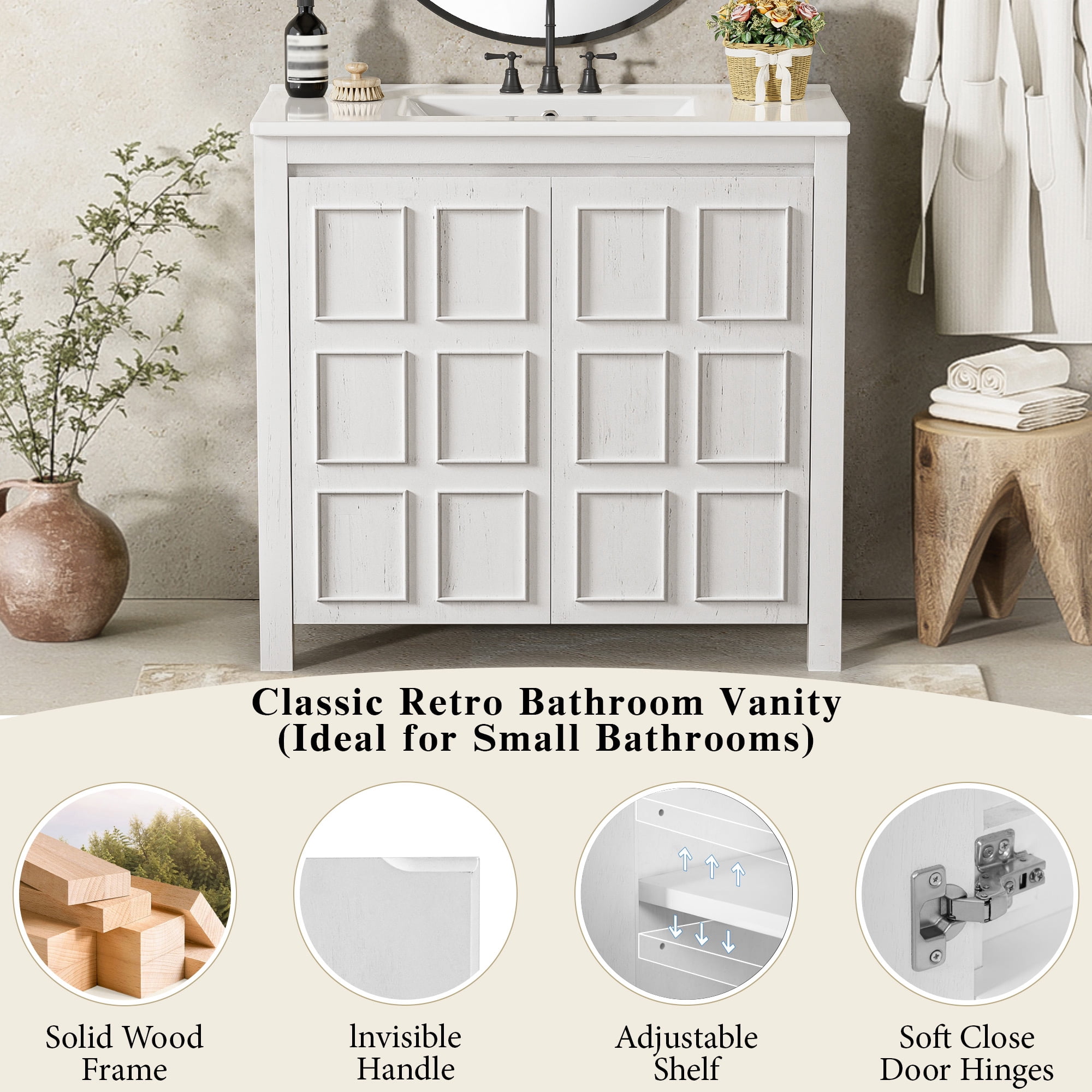 Euroco 36 " Bathroom Vanity Organizer with Ceramic Sink, Set Bathroom Storage Cabinet,Antique White