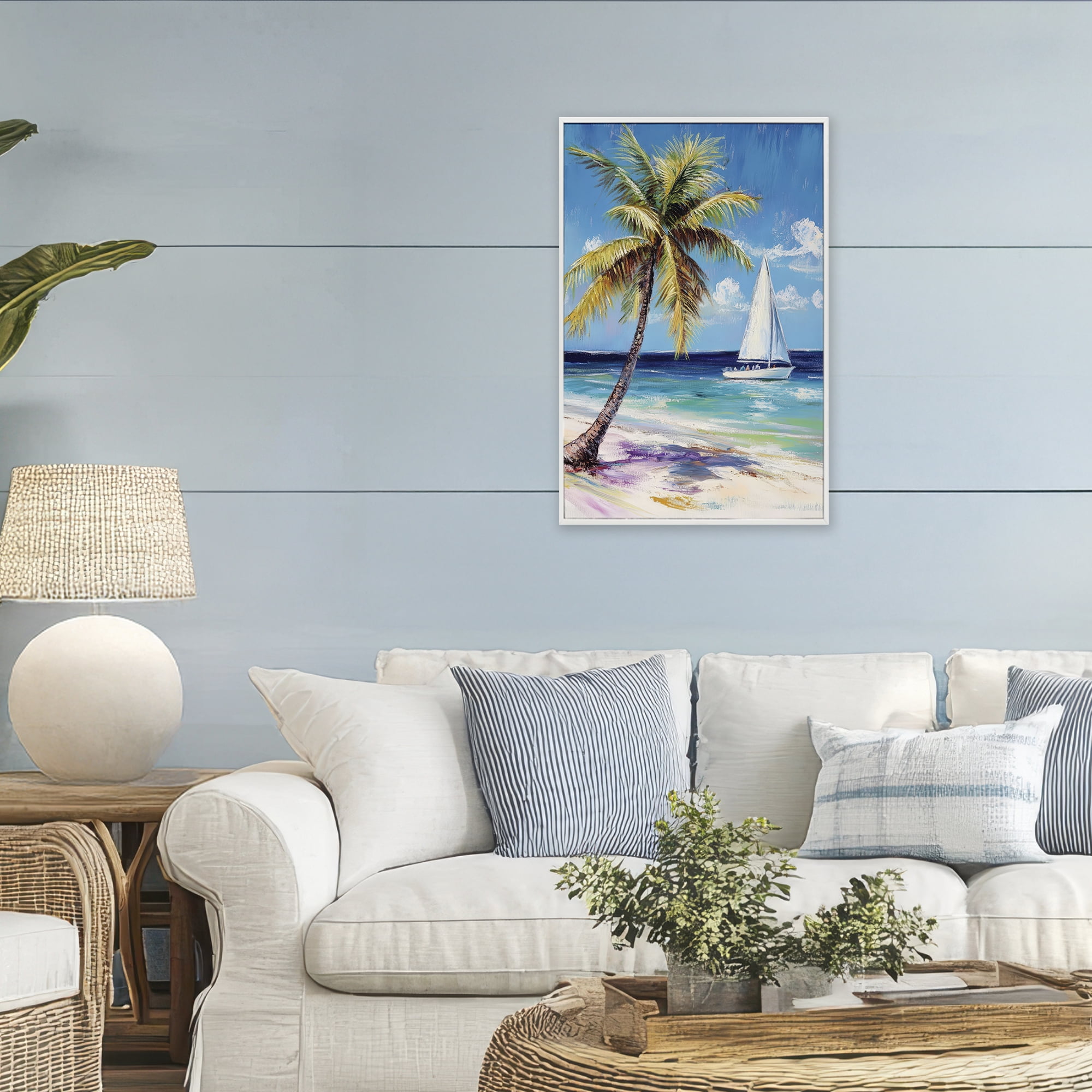 Stupell Industries Sailboat Delight with Palm Tree White Framed Giclee Art, design by Petal Prints Design