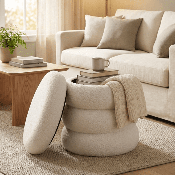 LEDREM Round Storage Ottoman with Removable Lid, Teddy Fleece Upholstered Foot Stool for Living Room, Bedroom, White