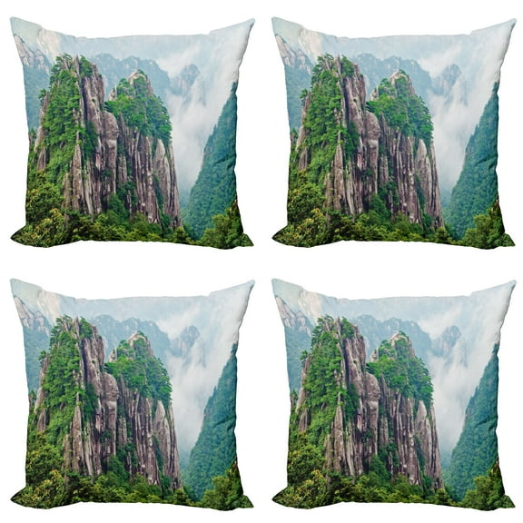Ambesonne Mountain Throw Pillow Cover 4 Pack, China Landscape Nature, 16", Green Brown White
