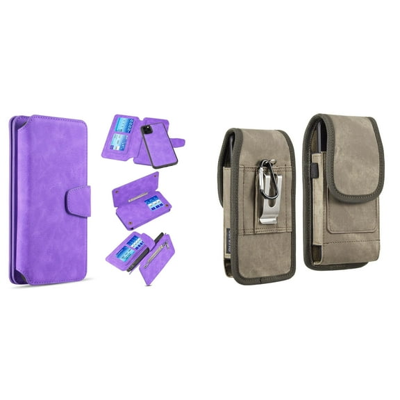 Clutch Wallet Detachable Case and Belt Holster Pouch for iPhone 14 Pro Max (Purple/Brown)
