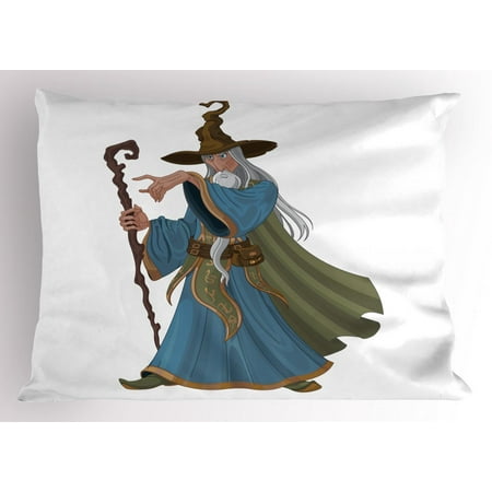 - Wizard Pillow Sham, Fantasy Style Powerful Sorcerer with Staff Medieval and Mythical Cartoon Character, Decorative Standard Size Printed Pillowcase, 26 X 20 Inches, Multicolor, by Ambesonne