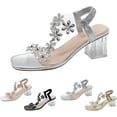 thumbnail image 1 of Women's Flower Rhinestone Block Heel Sandals, Crystal Floral Elegant Dress Shoes, Comfortable Pump Sandals, 1 of 1