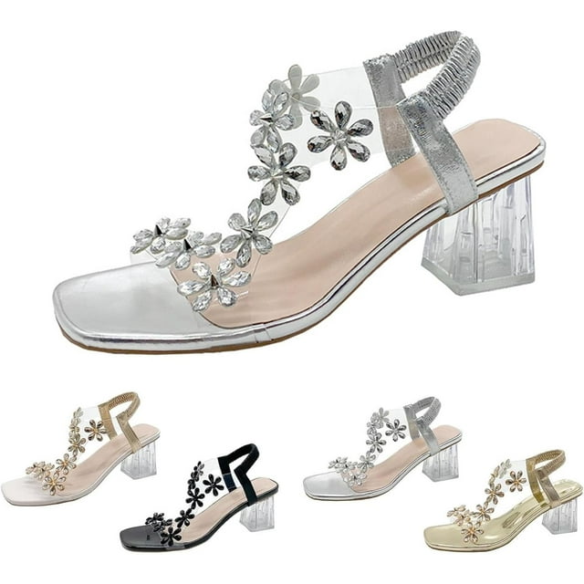Women's Flower Rhinestone Block Heel Sandals, Crystal Floral Elegant Dress Shoes, Comfortable Pump Sandals